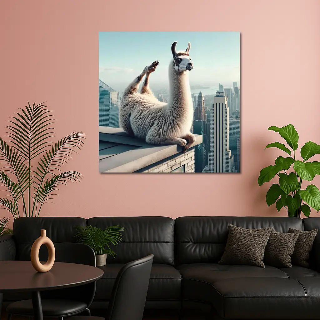 Llama Relaxing On City Rooftop Skyline – Wall Art