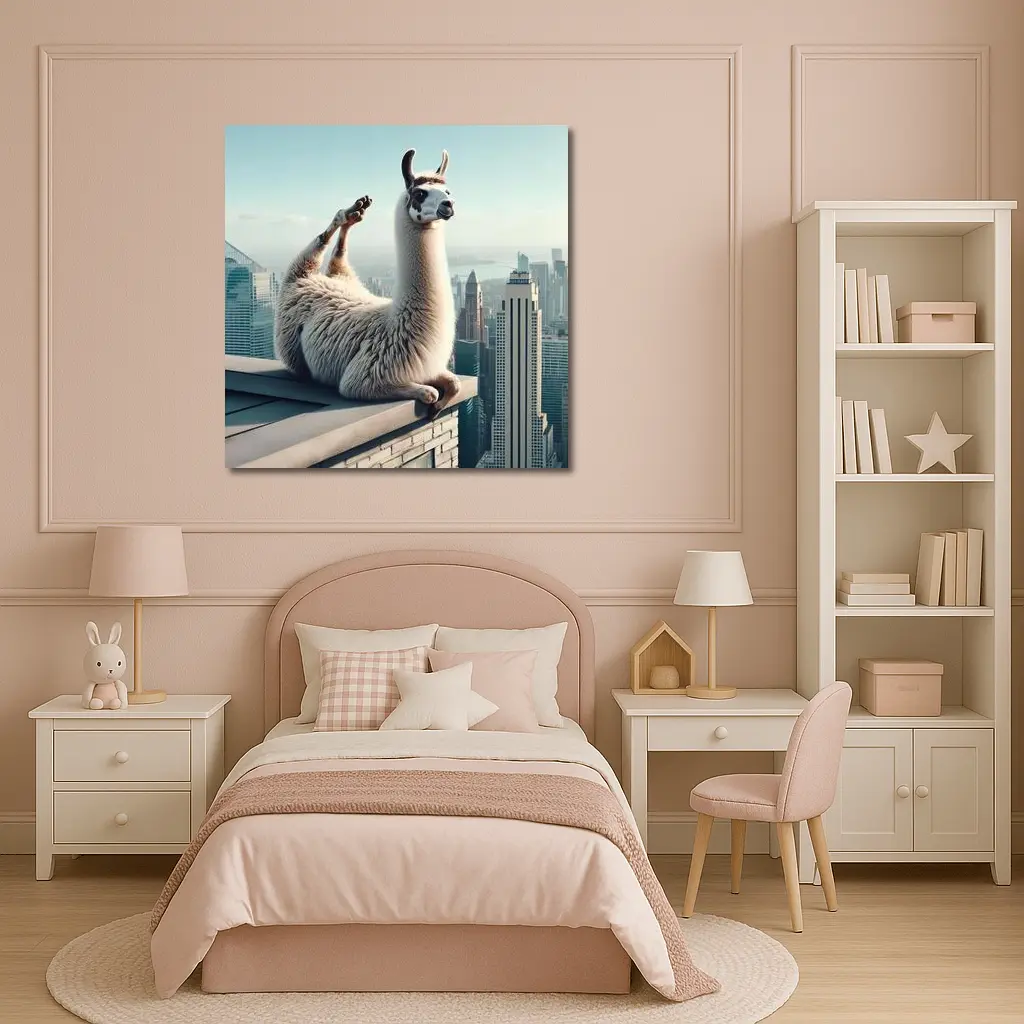 Llama Relaxing On City Rooftop Skyline – Wall Art