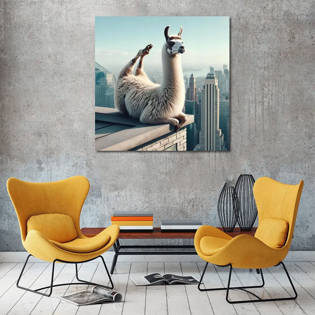 Llama Relaxing On City Rooftop Skyline – Wall Art