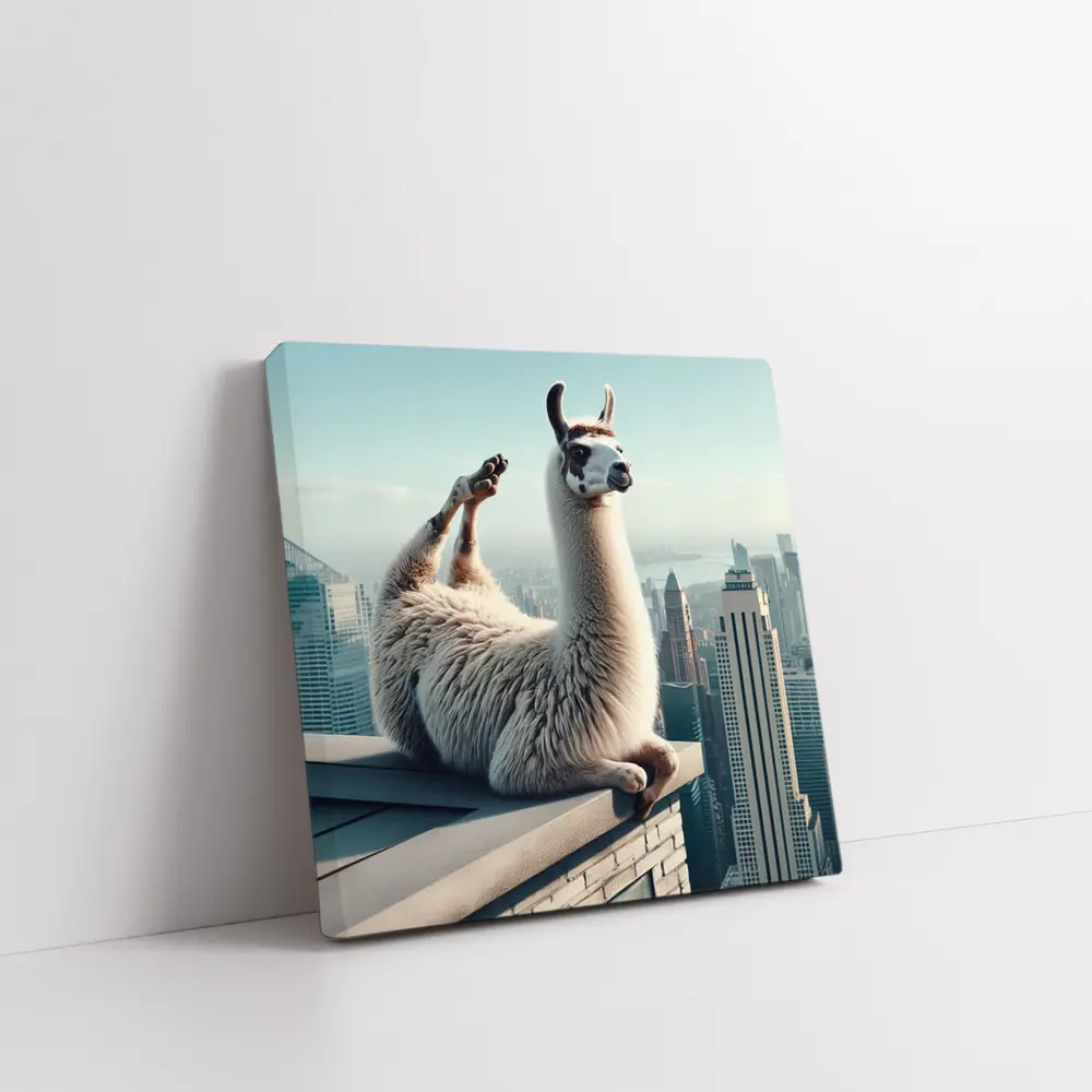 Llama Relaxing On City Rooftop Skyline – Wall Art