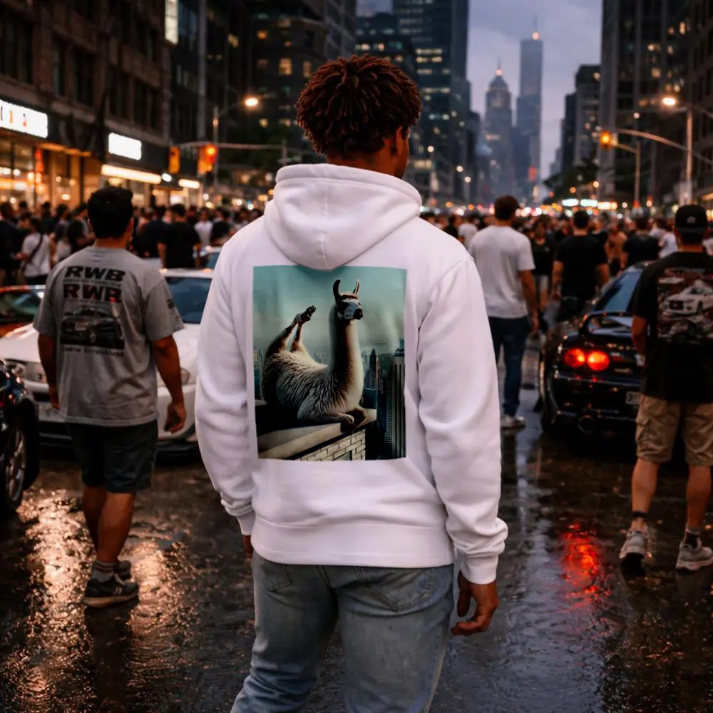 Llama Relaxing On City Rooftop Skyline – Hoodies