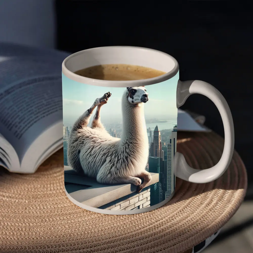 Llama Relaxing On City Rooftop Skyline – Mugs