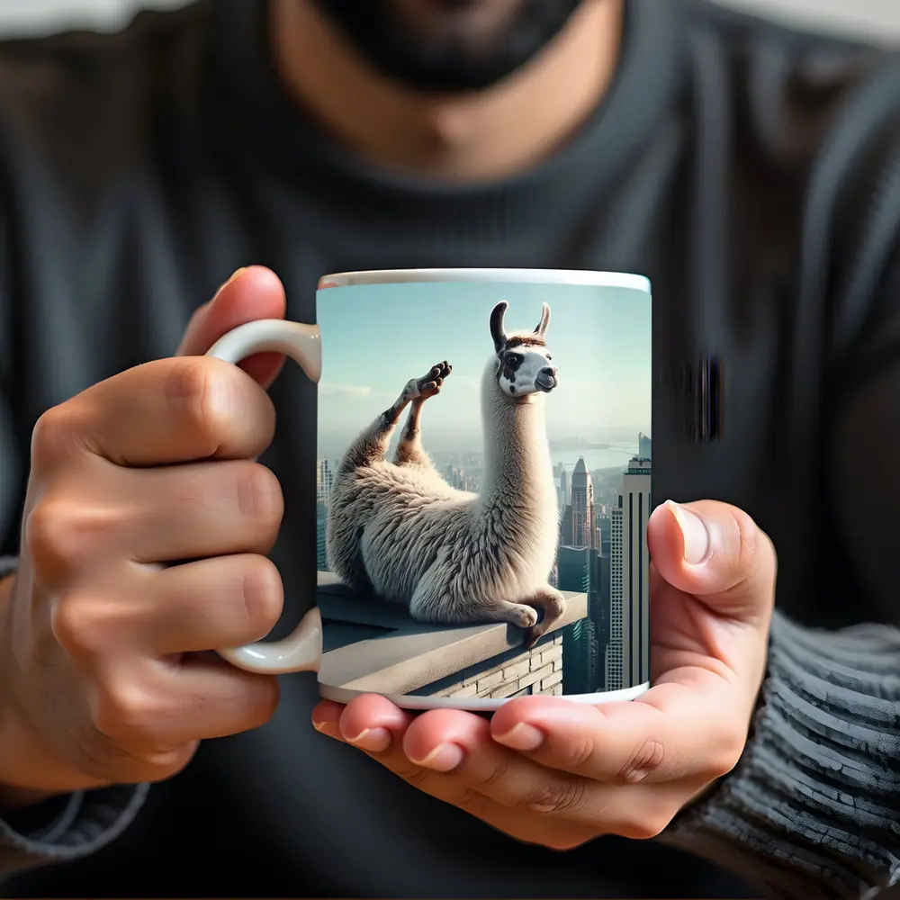 Llama Relaxing On City Rooftop Skyline – Mugs