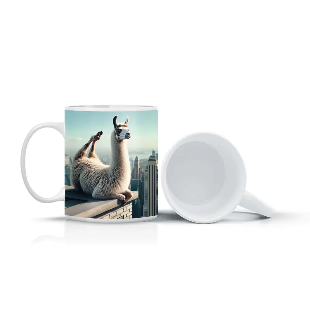 Llama Relaxing On City Rooftop Skyline – Mugs
