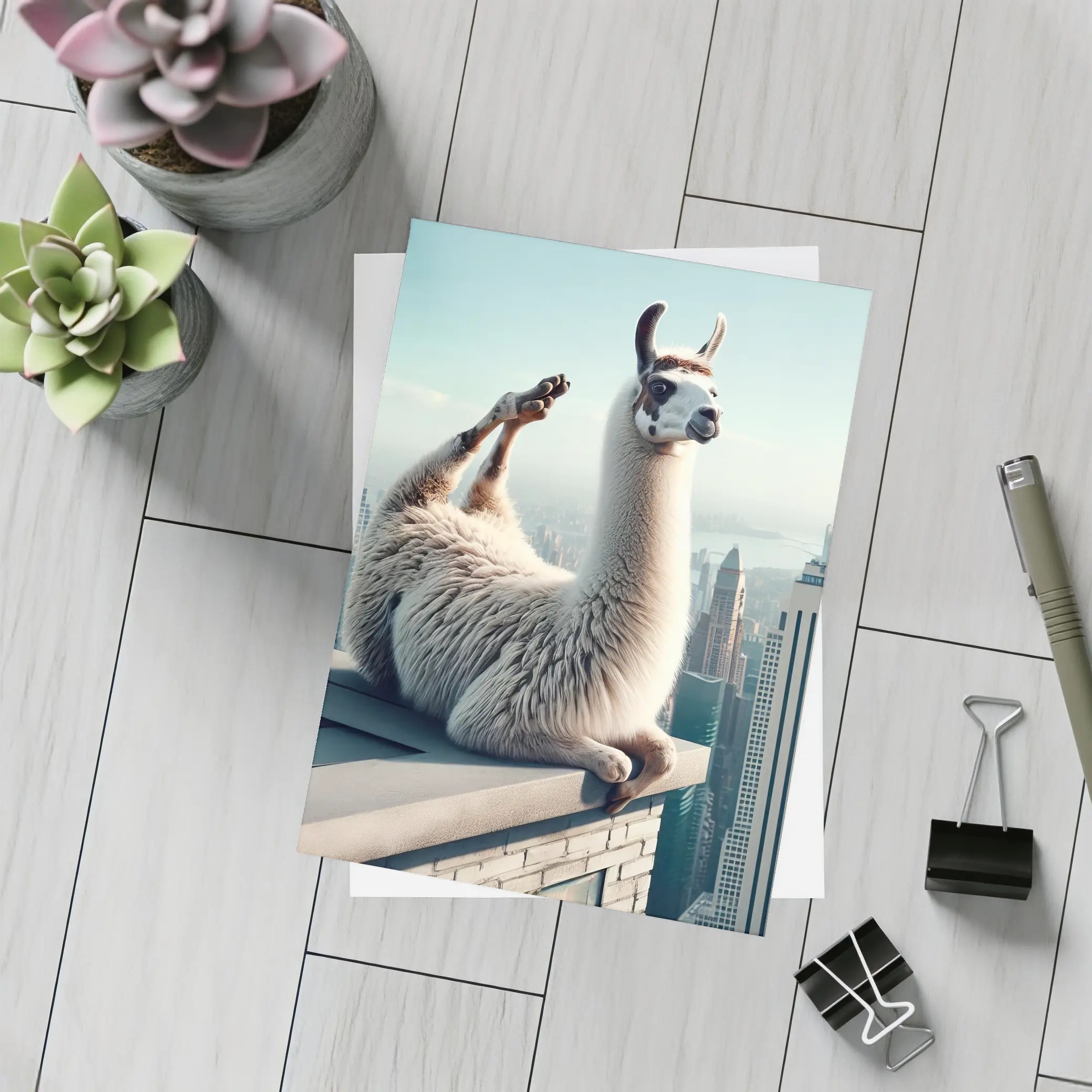 Llama Relaxing On City Rooftop Skyline – Postcards