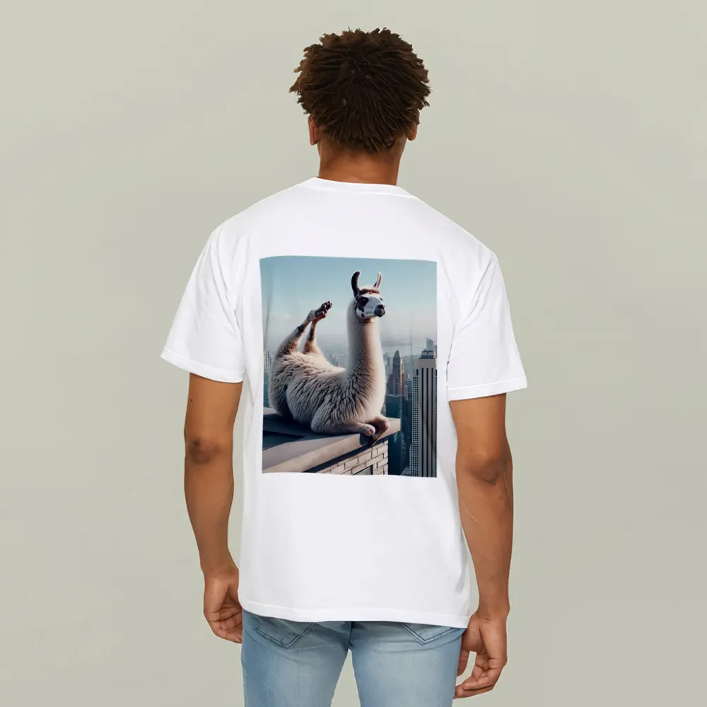 Llama Relaxing On City Rooftop Skyline – T-Shirts