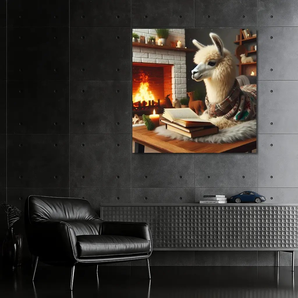 Cozy Llama Reading Books By Fireplace – Wall Art