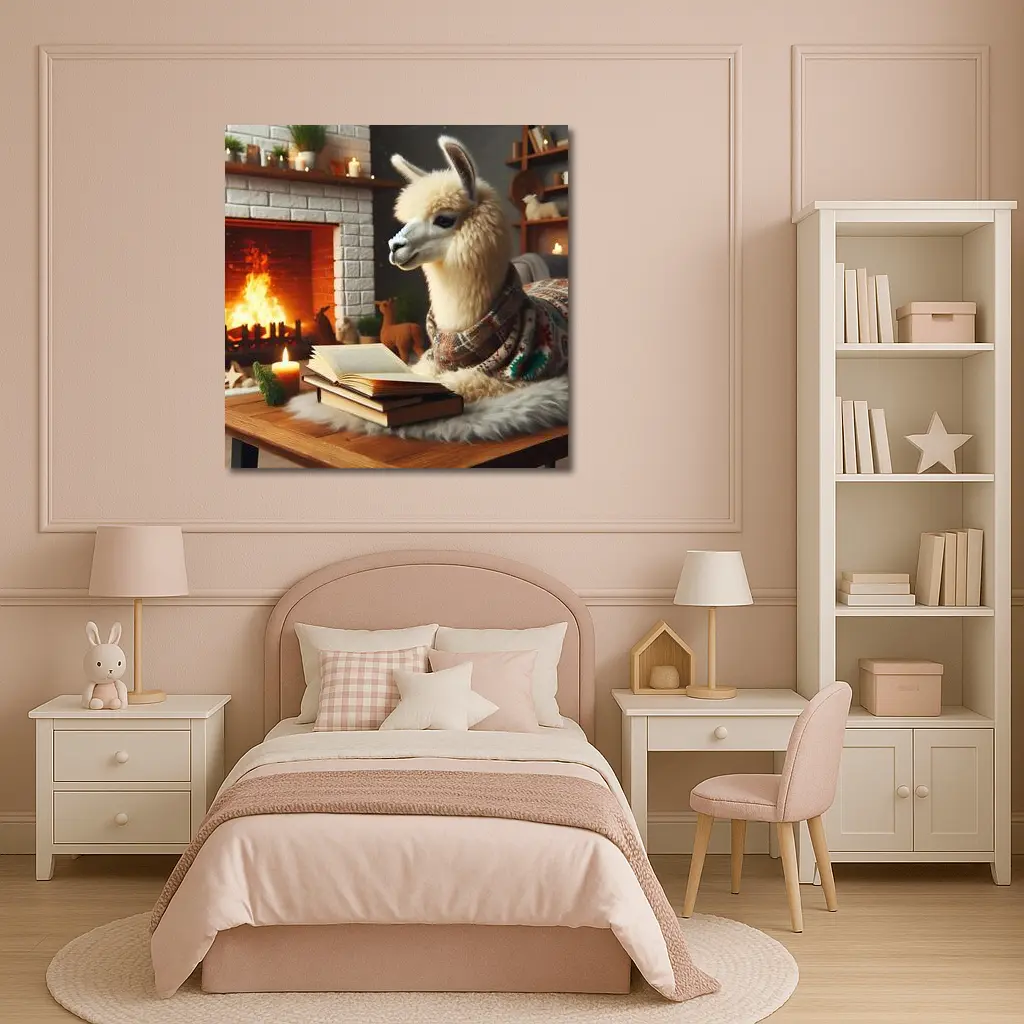 Cozy Llama Reading Books By Fireplace – Wall Art