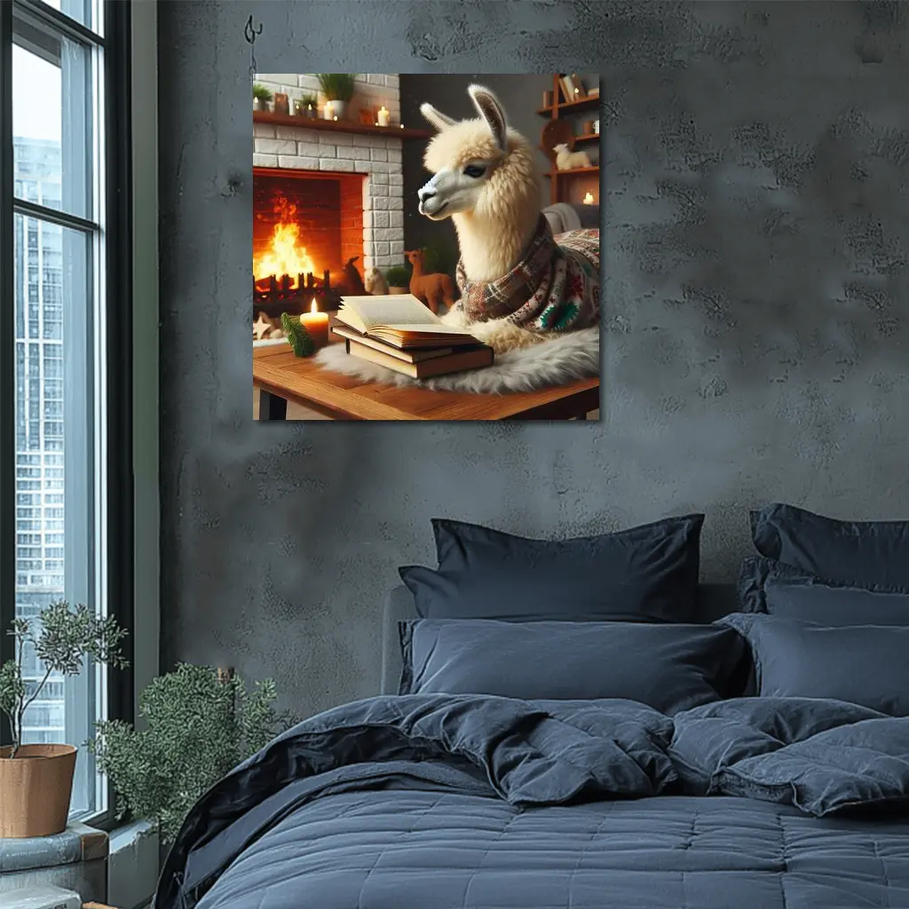 Cozy Llama Reading Books By Fireplace – Wall Art