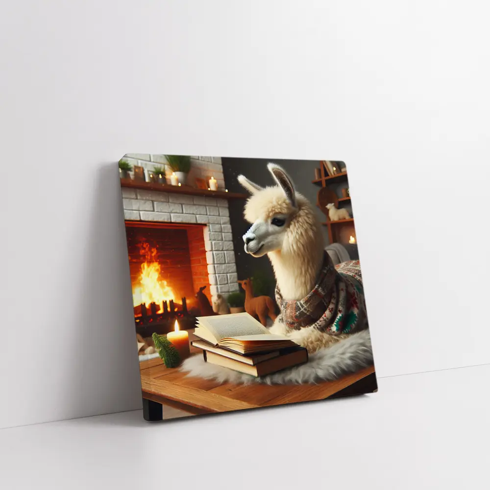 Cozy Llama Reading Books By Fireplace – Wall Art