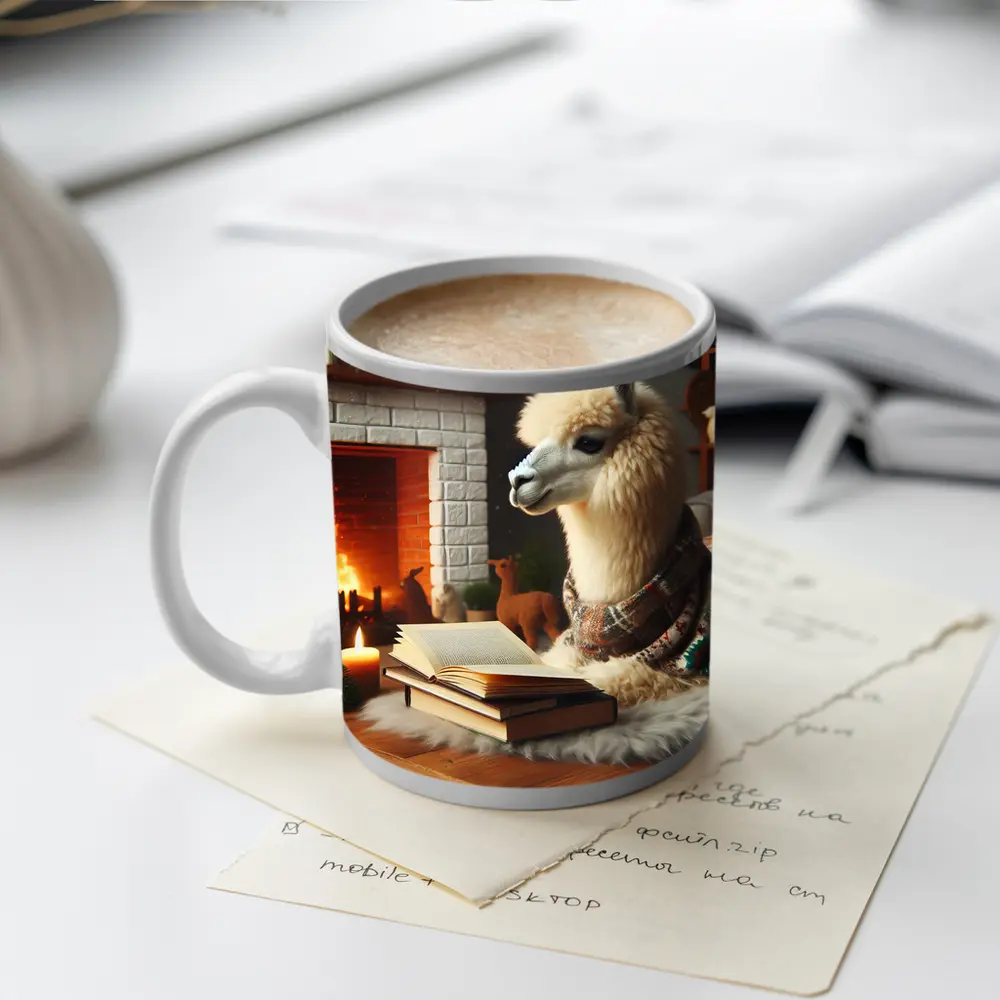 Cozy Llama Reading Books By Fireplace – Mugs
