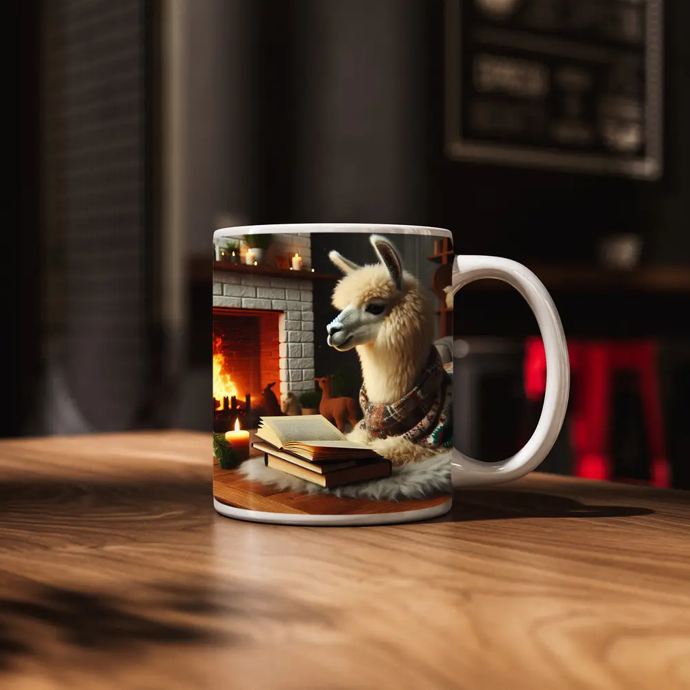 Cozy Llama Reading Books By Fireplace – Mugs