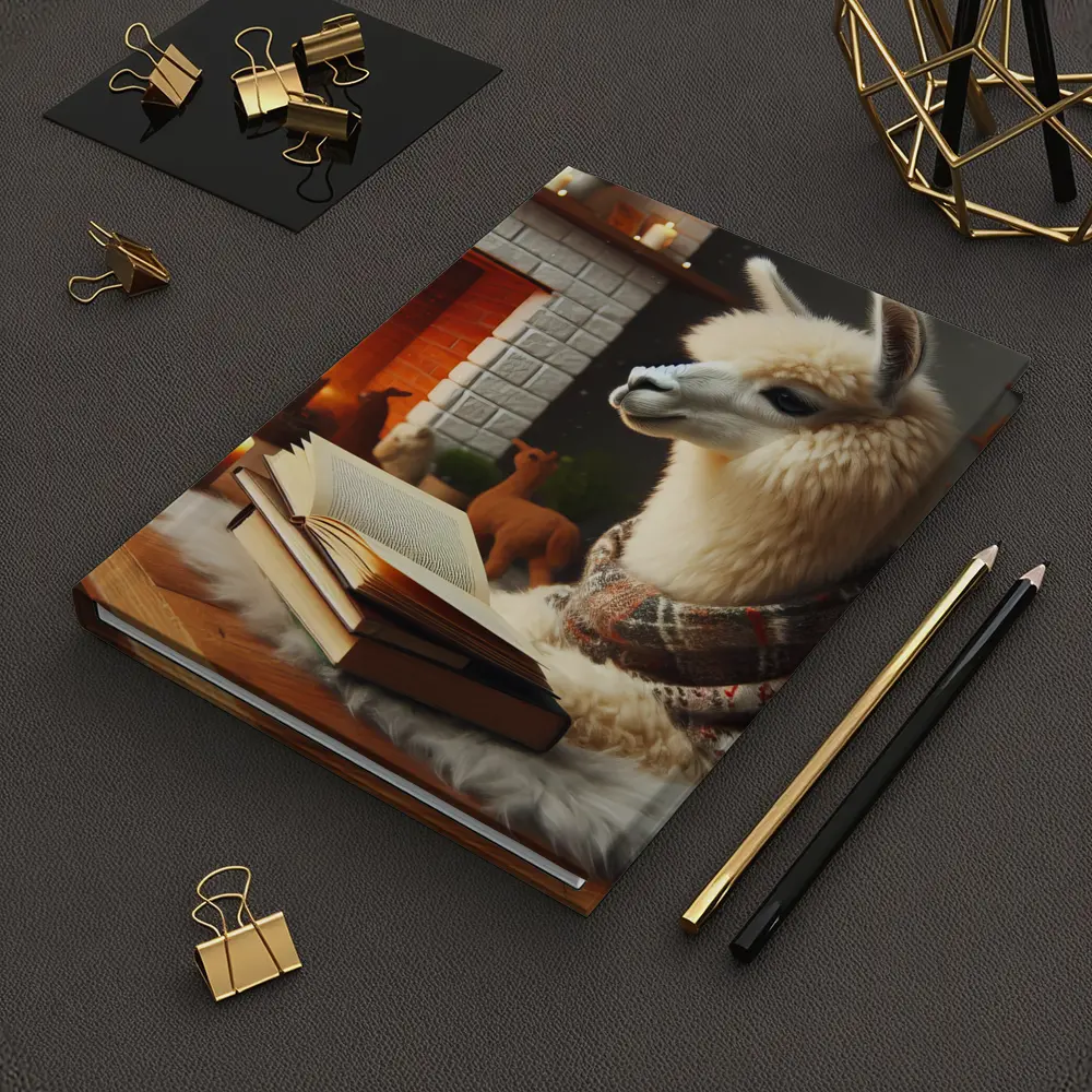 Cozy Llama Reading Books By Fireplace – Notebooks