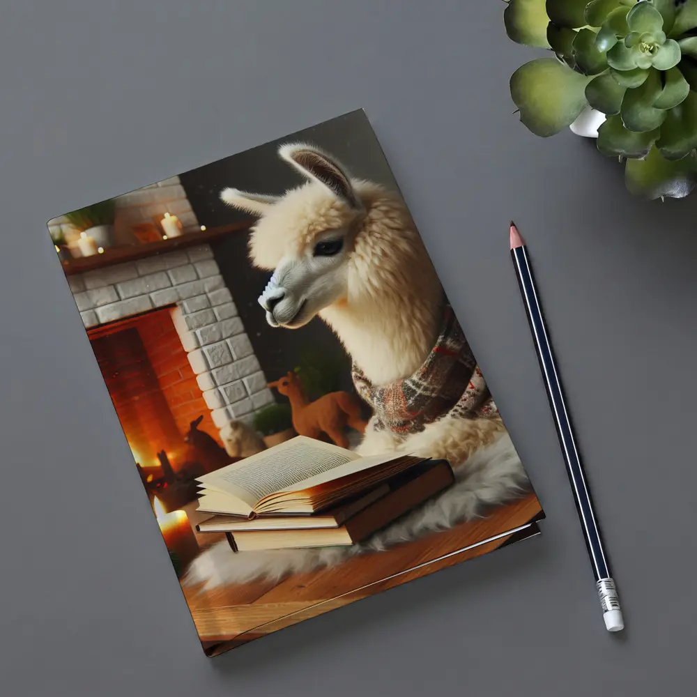 Cozy Llama Reading Books By Fireplace – Notebooks