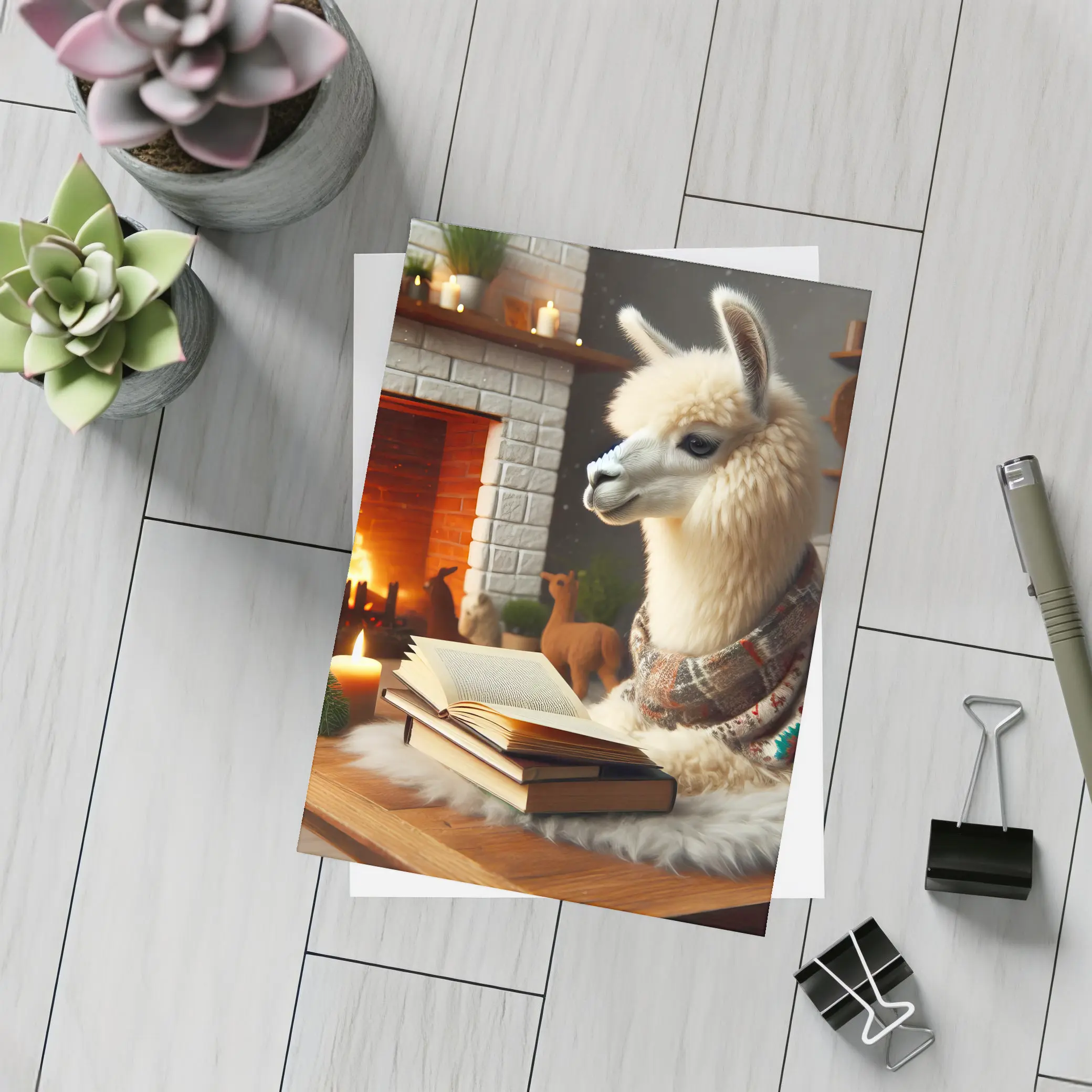 Cozy Llama Reading Books By Fireplace – Postcards