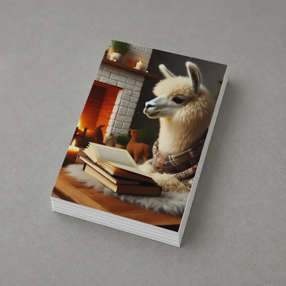 Cozy Llama Reading Books By Fireplace – Postcards