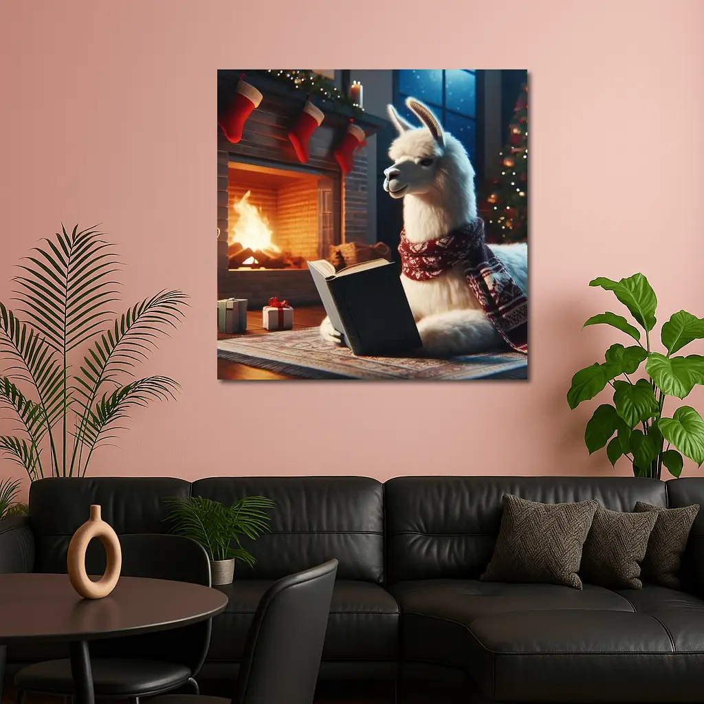 Llama Reading Book By Christmas Fireplace – Wall Art