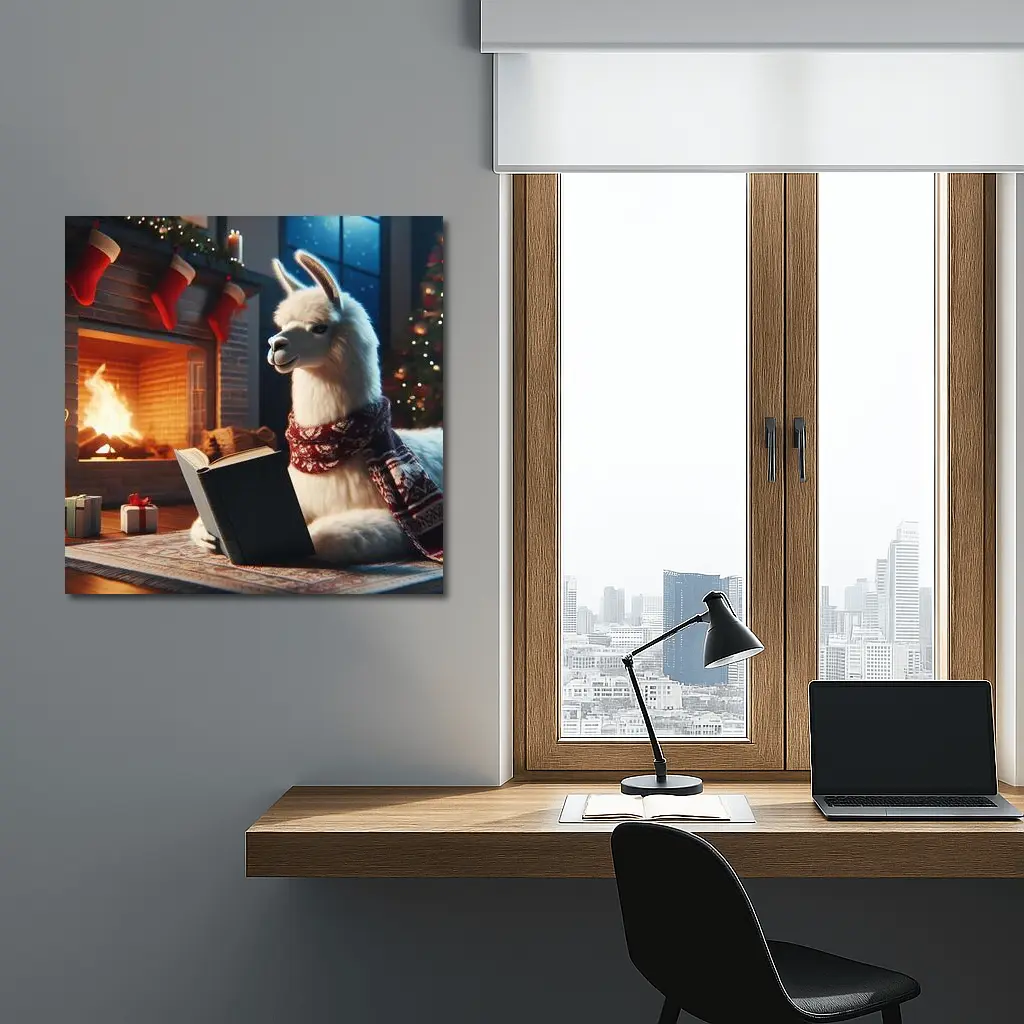 Llama Reading Book By Christmas Fireplace – Wall Art
