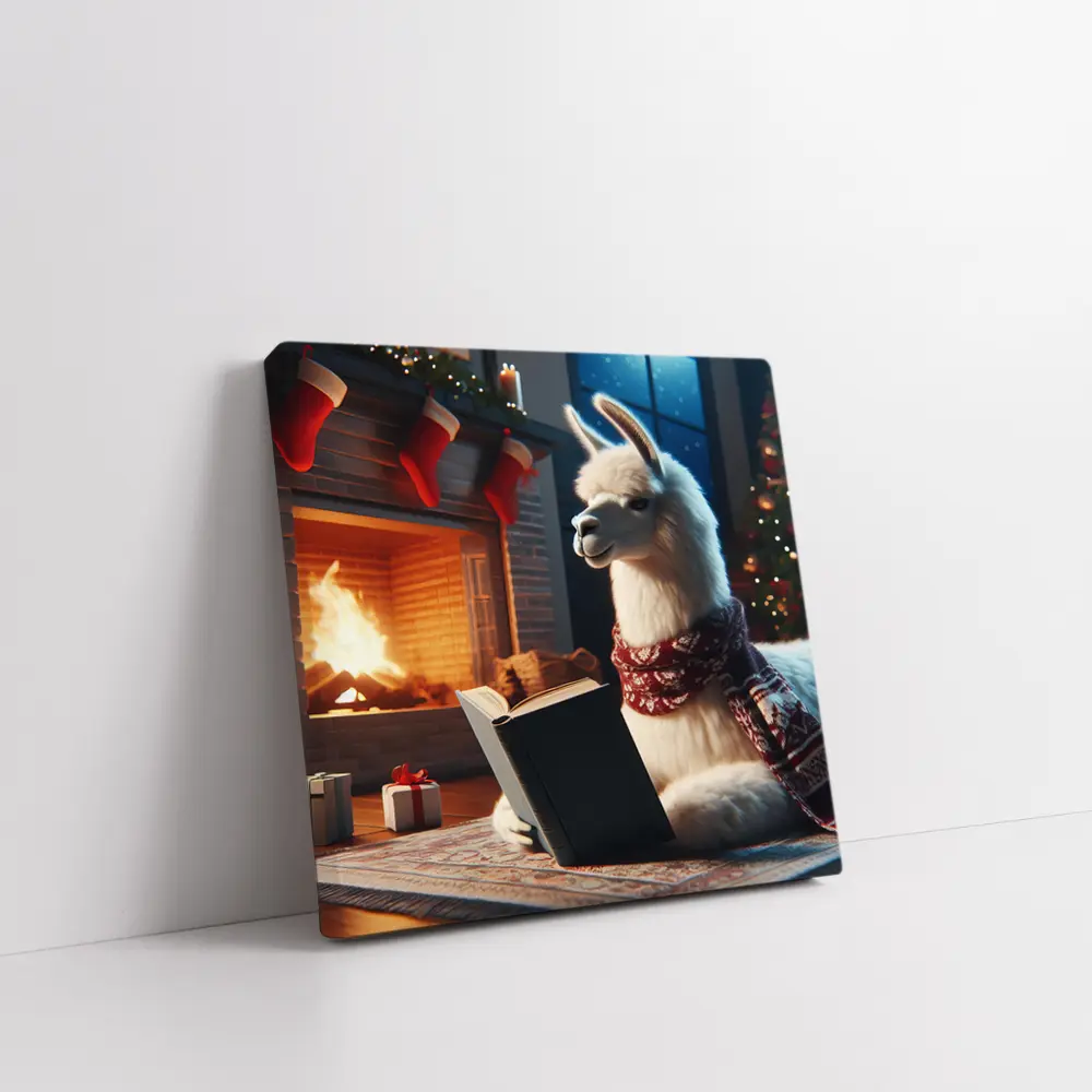 Llama Reading Book By Christmas Fireplace – Wall Art