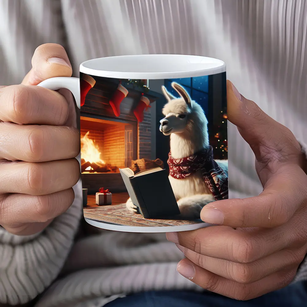 Llama Reading Book By Christmas Fireplace – Mugs