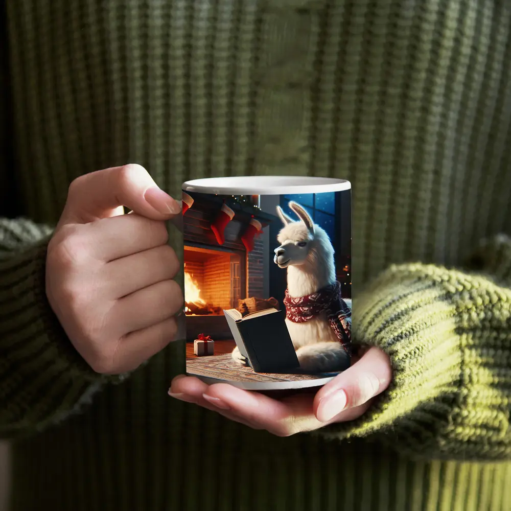 Llama Reading Book By Christmas Fireplace – Mugs