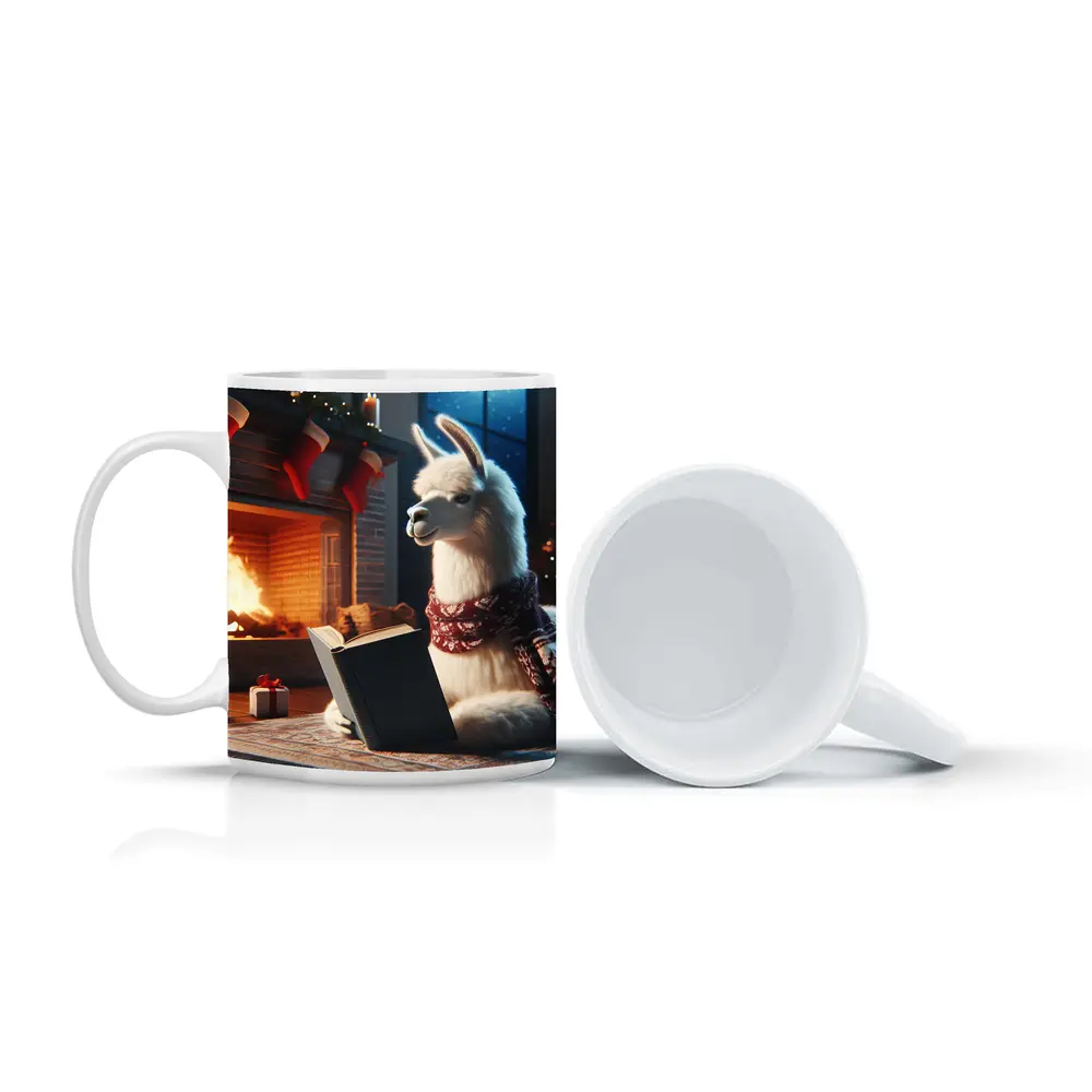 Llama Reading Book By Christmas Fireplace – Mugs