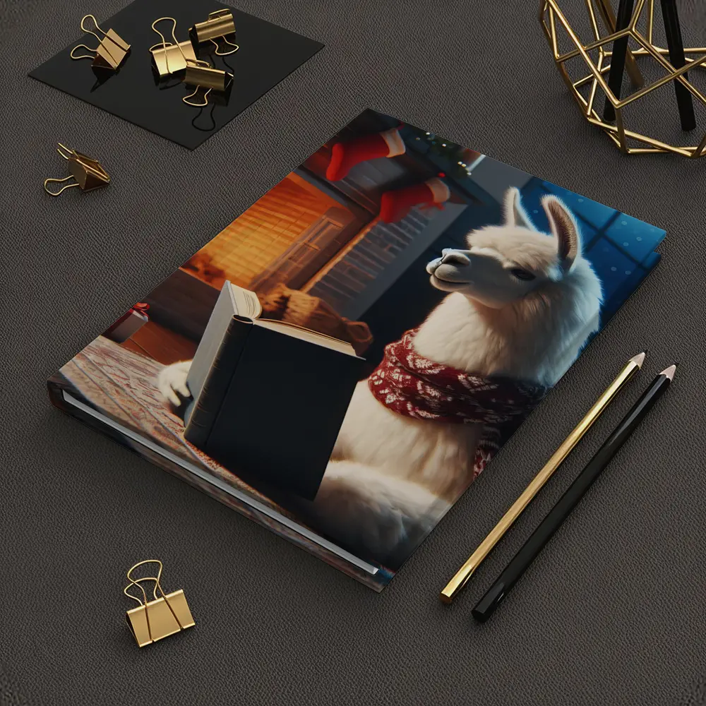 Llama Reading Book By Christmas Fireplace – Notebooks