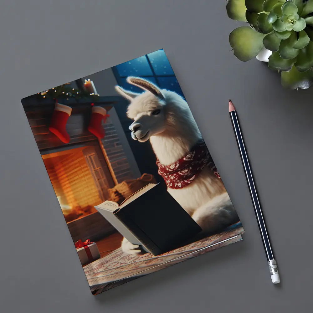 Llama Reading Book By Christmas Fireplace – Notebooks