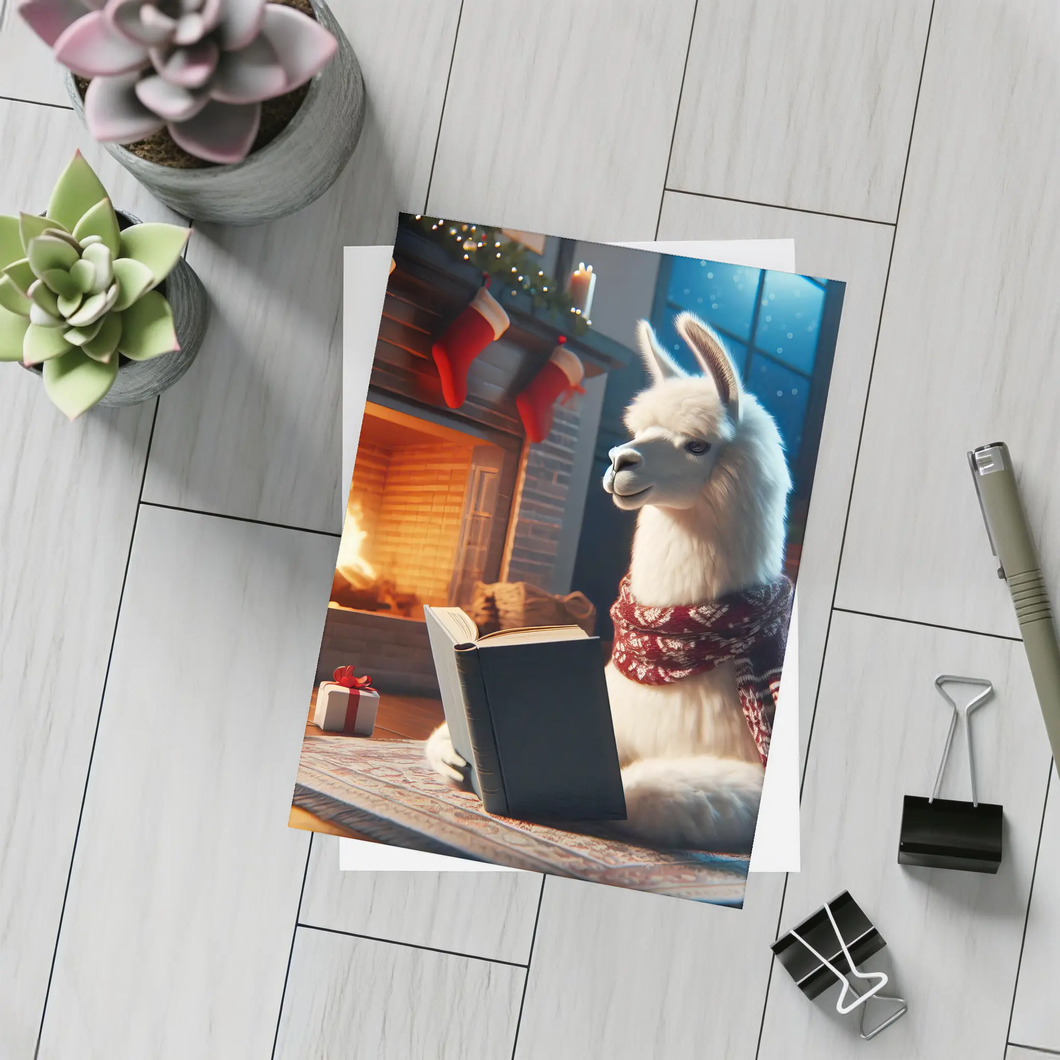 Llama Reading Book By Christmas Fireplace – Postcards