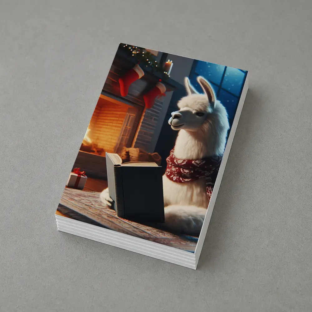 Llama Reading Book By Christmas Fireplace – Postcards