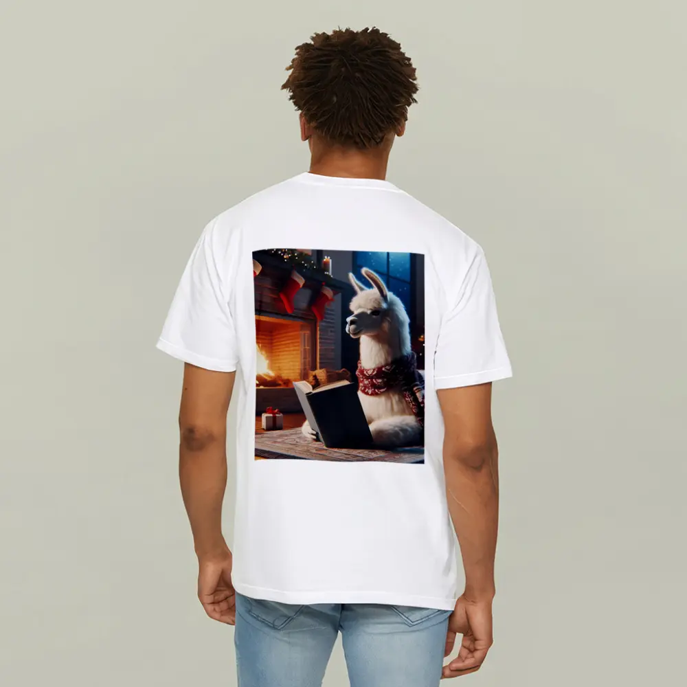 Llama Reading Book By Christmas Fireplace – T-Shirts
