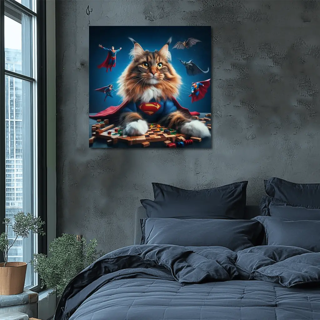Maine Coon Cat Superman Costume Blue Background – Wall Art