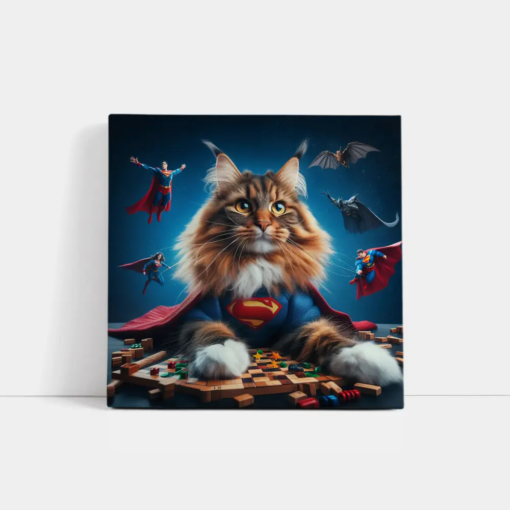 Maine Coon Cat Superman Costume Blue Background – Wall Art