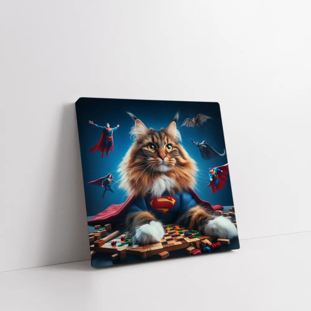 Maine Coon Cat Superman Costume Blue Background – Wall Art