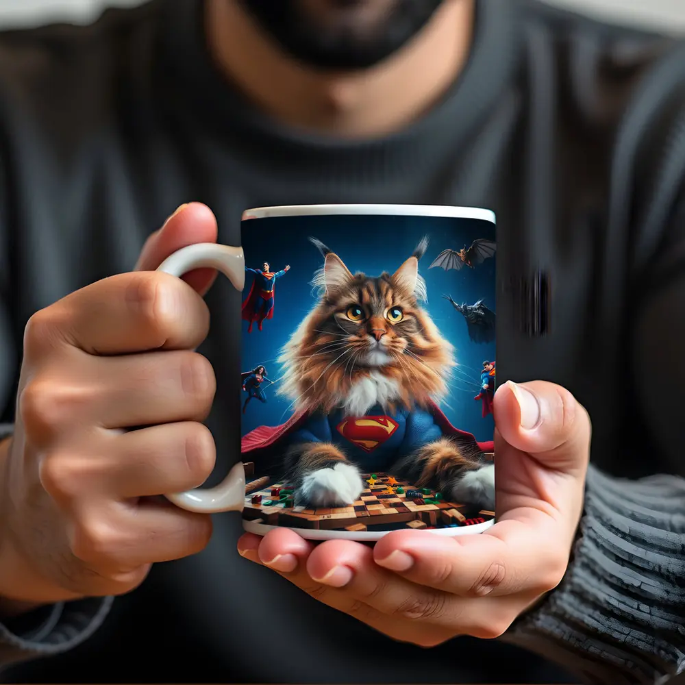 Maine Coon Cat Superman Costume Blue Background – Mugs