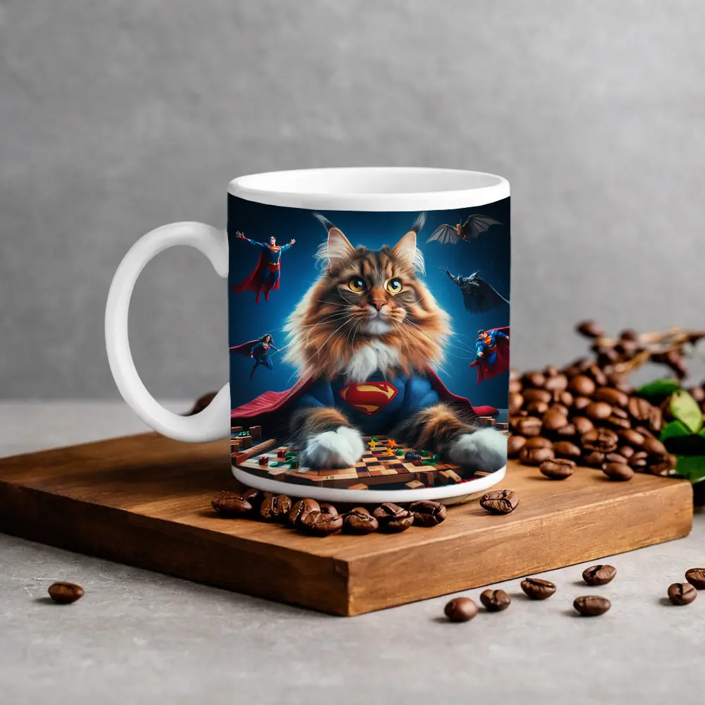 Maine Coon Cat Superman Costume Blue Background – Mugs