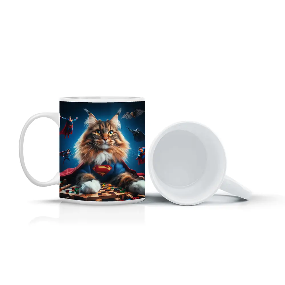 Maine Coon Cat Superman Costume Blue Background – Mugs
