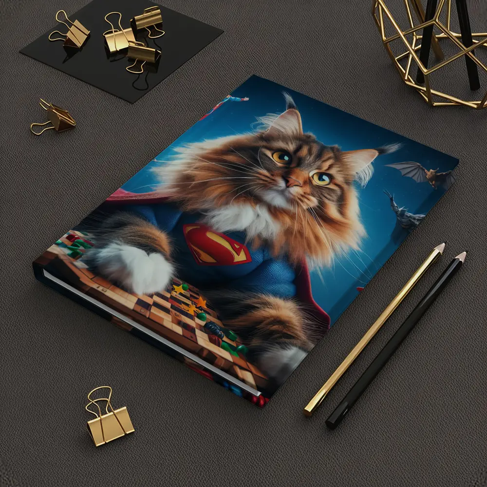 Maine Coon Cat Superman Costume Blue Background – Notebooks