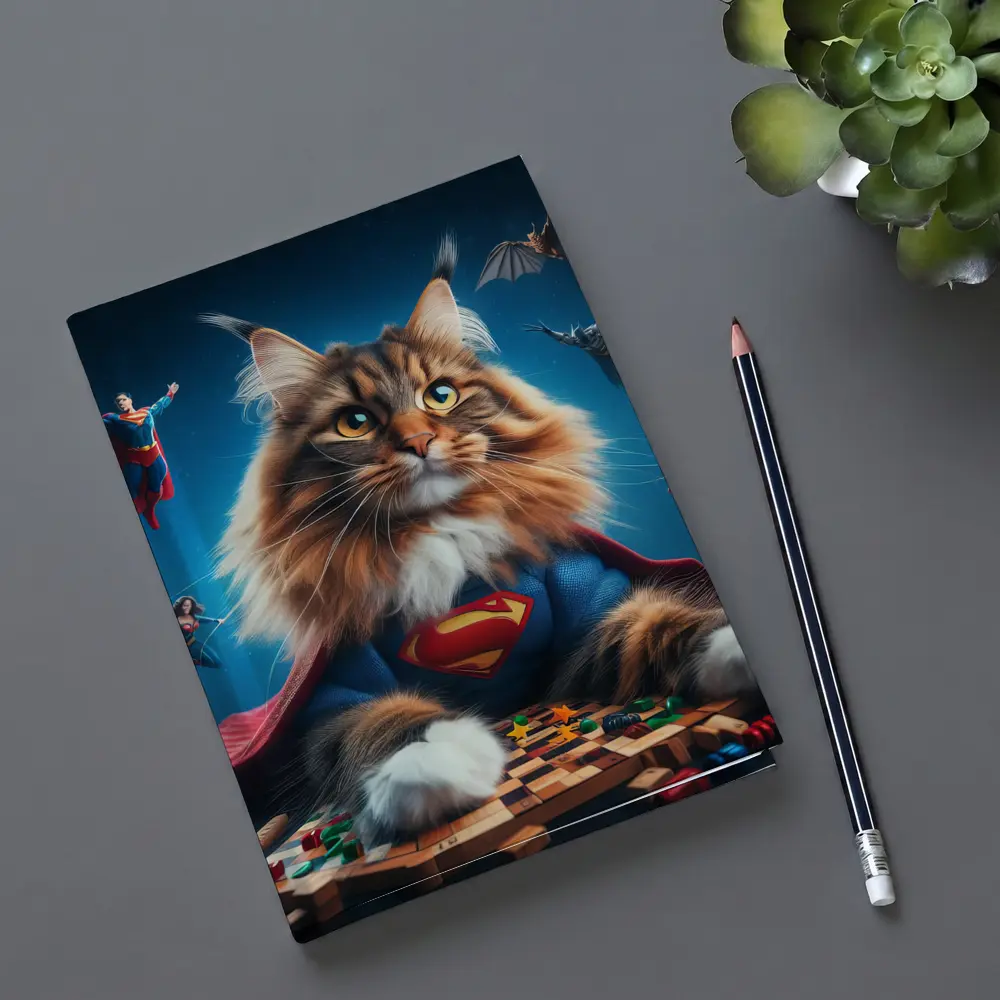 Maine Coon Cat Superman Costume Blue Background – Notebooks