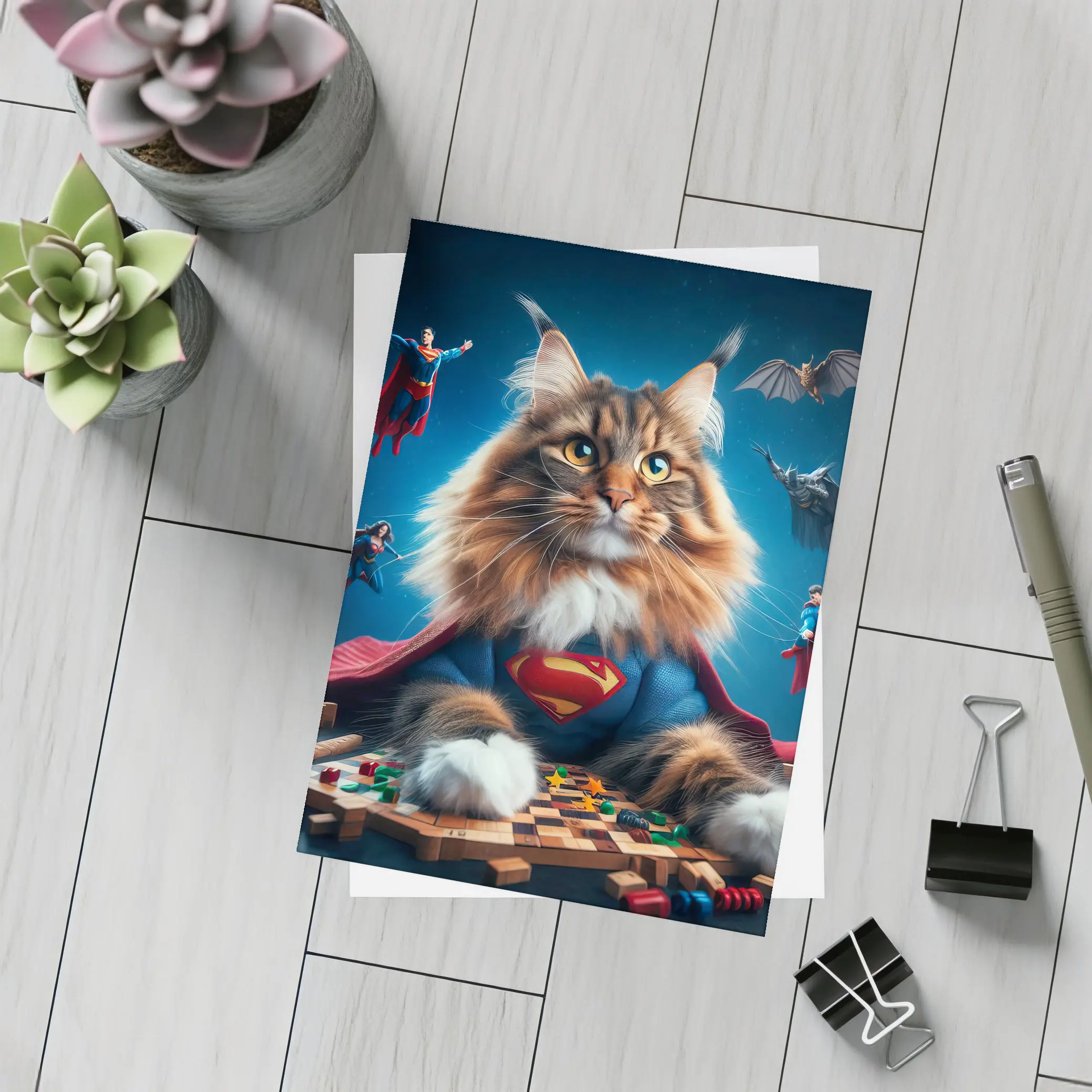 Maine Coon Cat Superman Costume Blue Background – Postcards