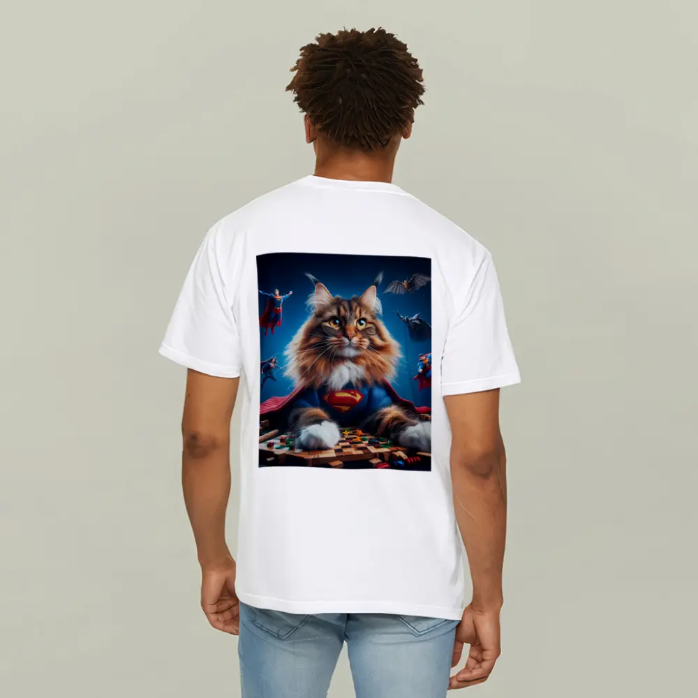 Maine Coon Cat Superman Costume Blue Background – T-Shirts
