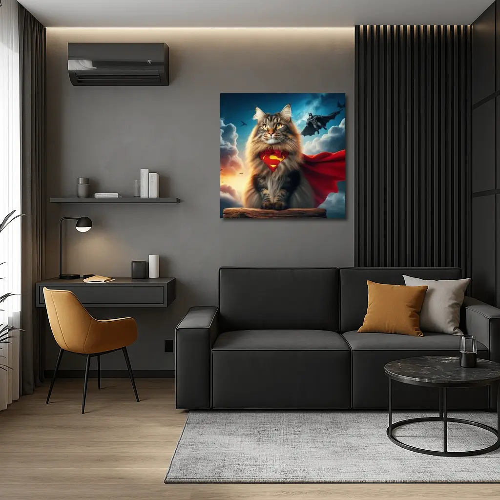 Superhero Cat Superman Cape Sky Background – Wall Art