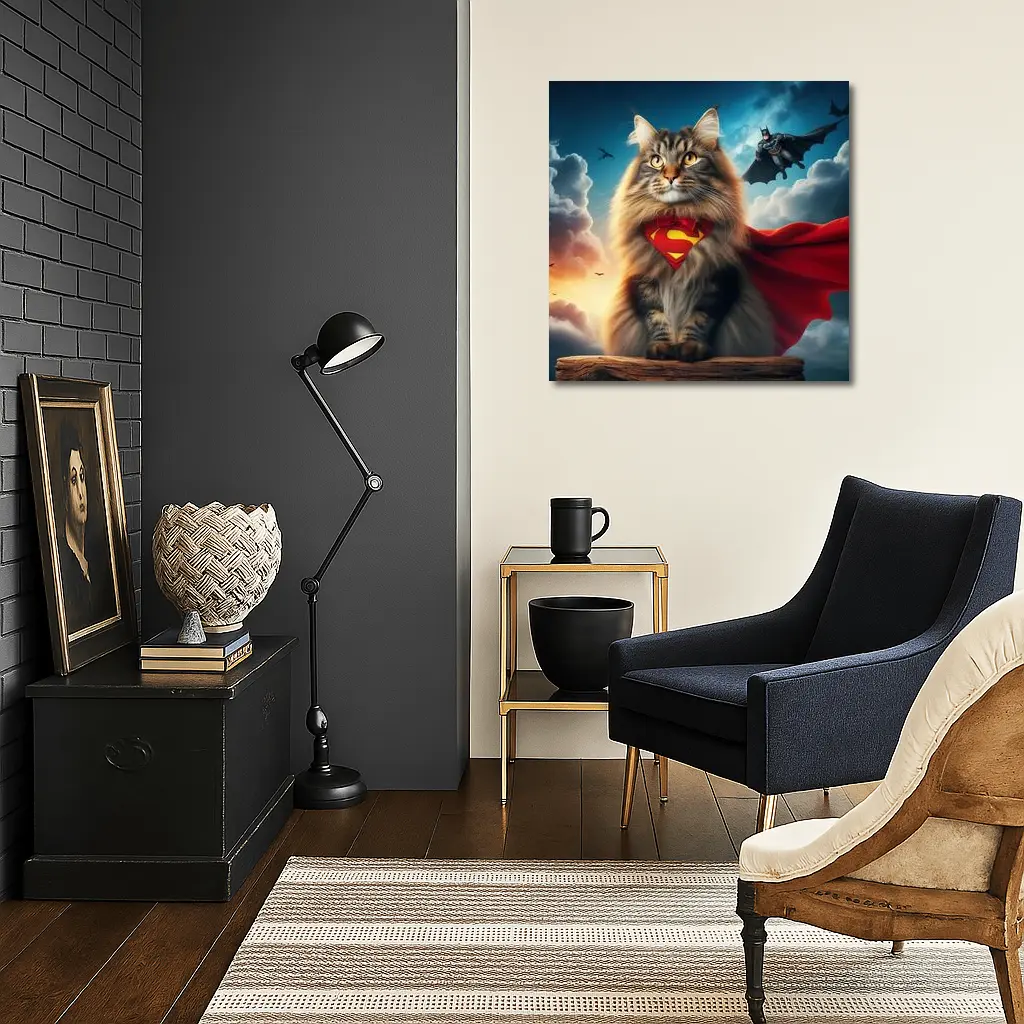 Superhero Cat Superman Cape Sky Background – Wall Art