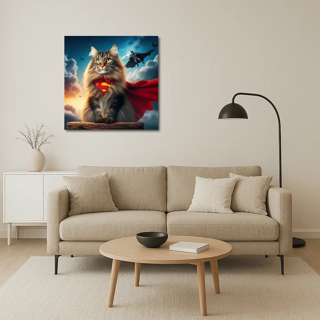 Superhero Cat Superman Cape Sky Background – Wall Art