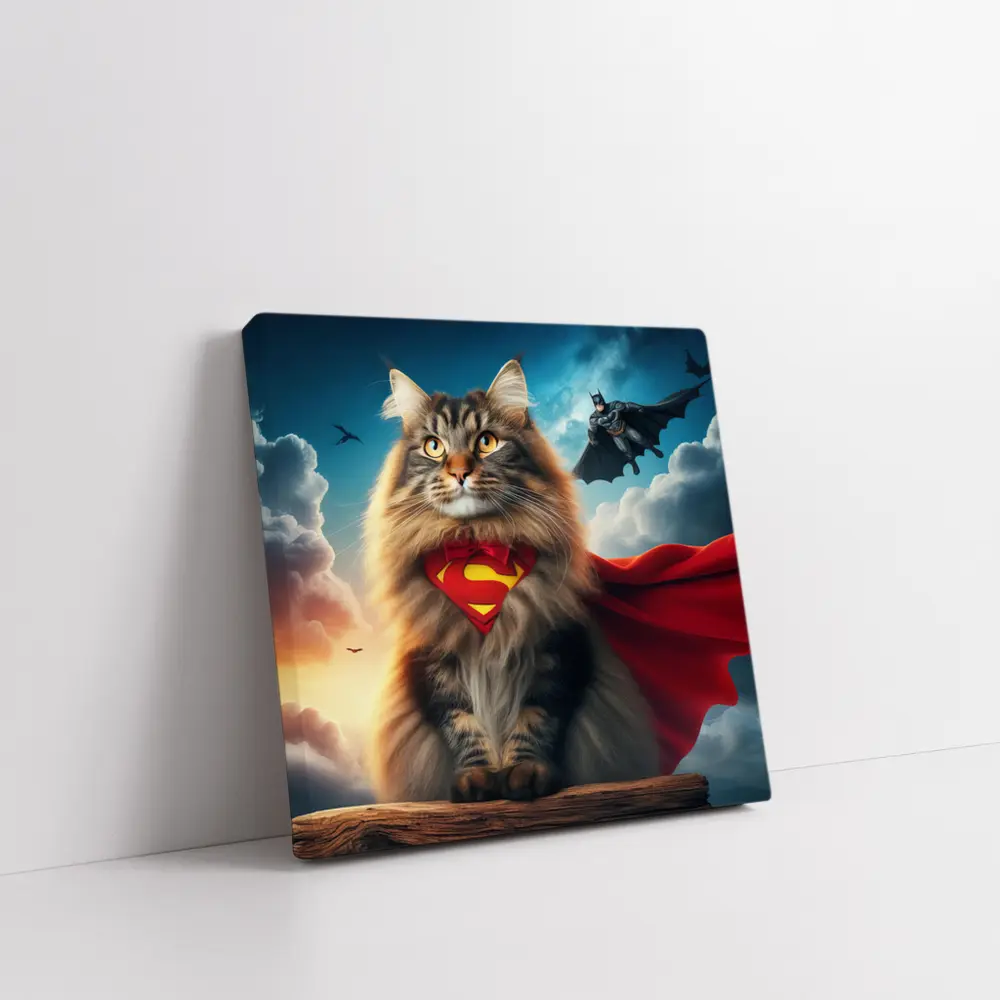Superhero Cat Superman Cape Sky Background – Wall Art