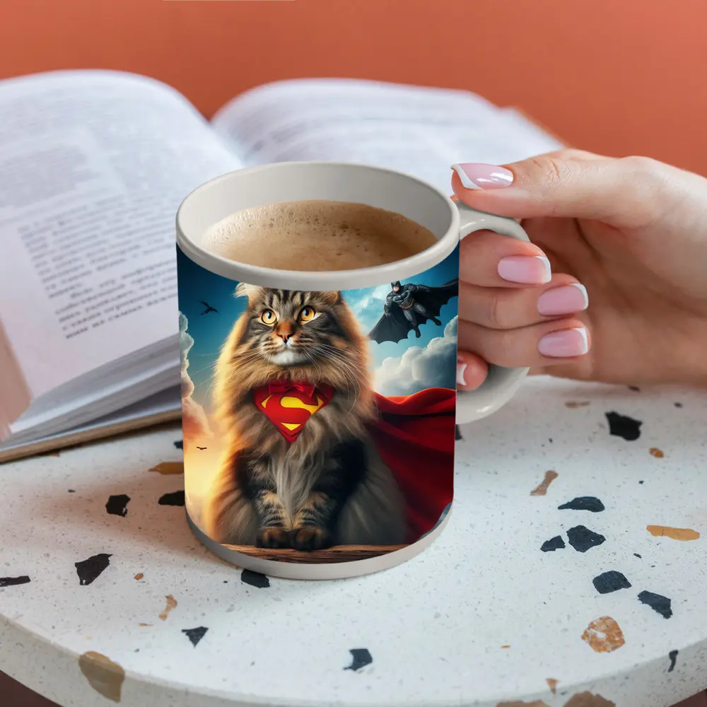 Superhero Cat Superman Cape Sky Background – Mugs