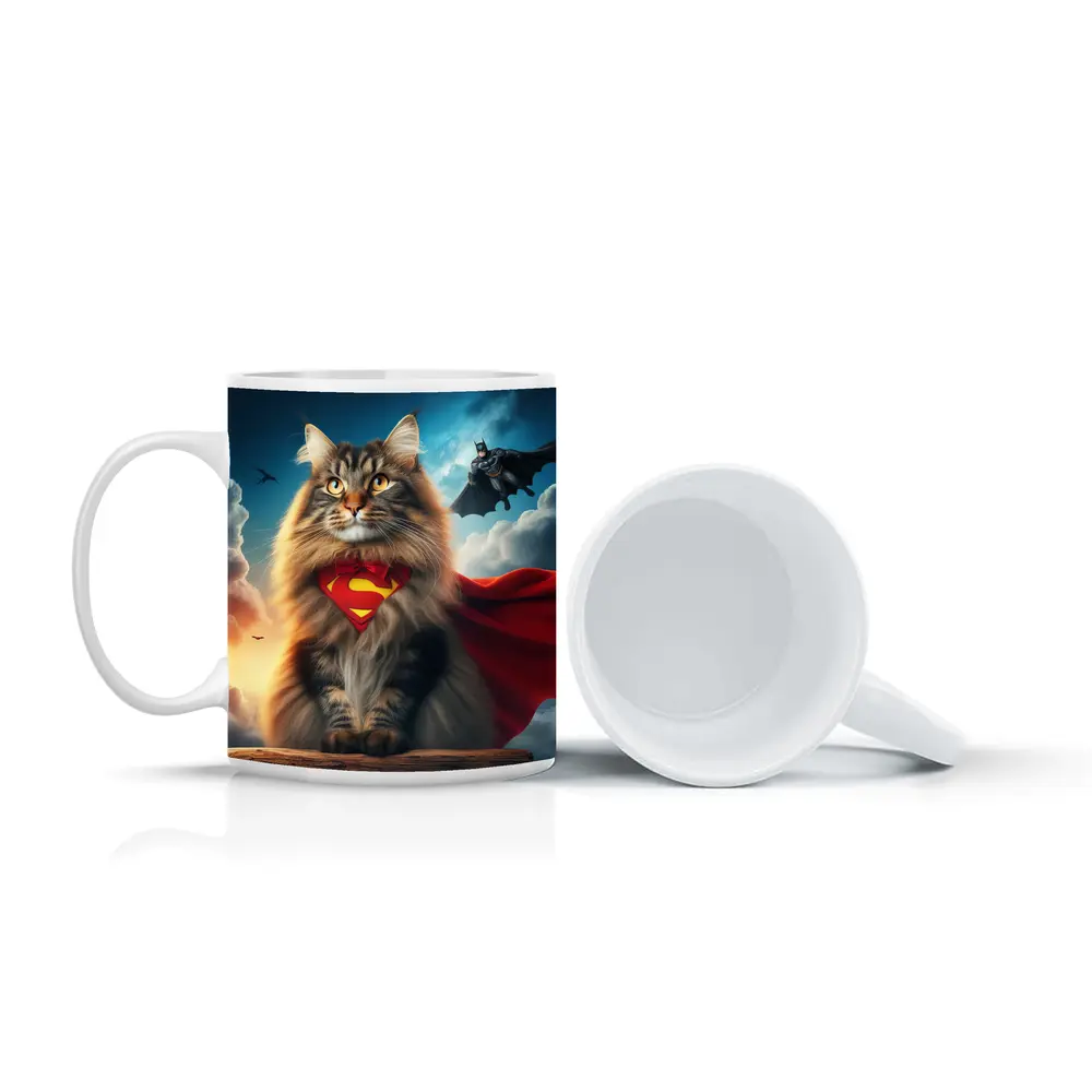 Superhero Cat Superman Cape Sky Background – Mugs