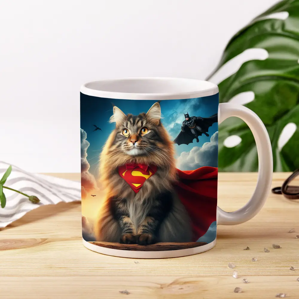 Superhero Cat Superman Cape Sky Background – Mugs
