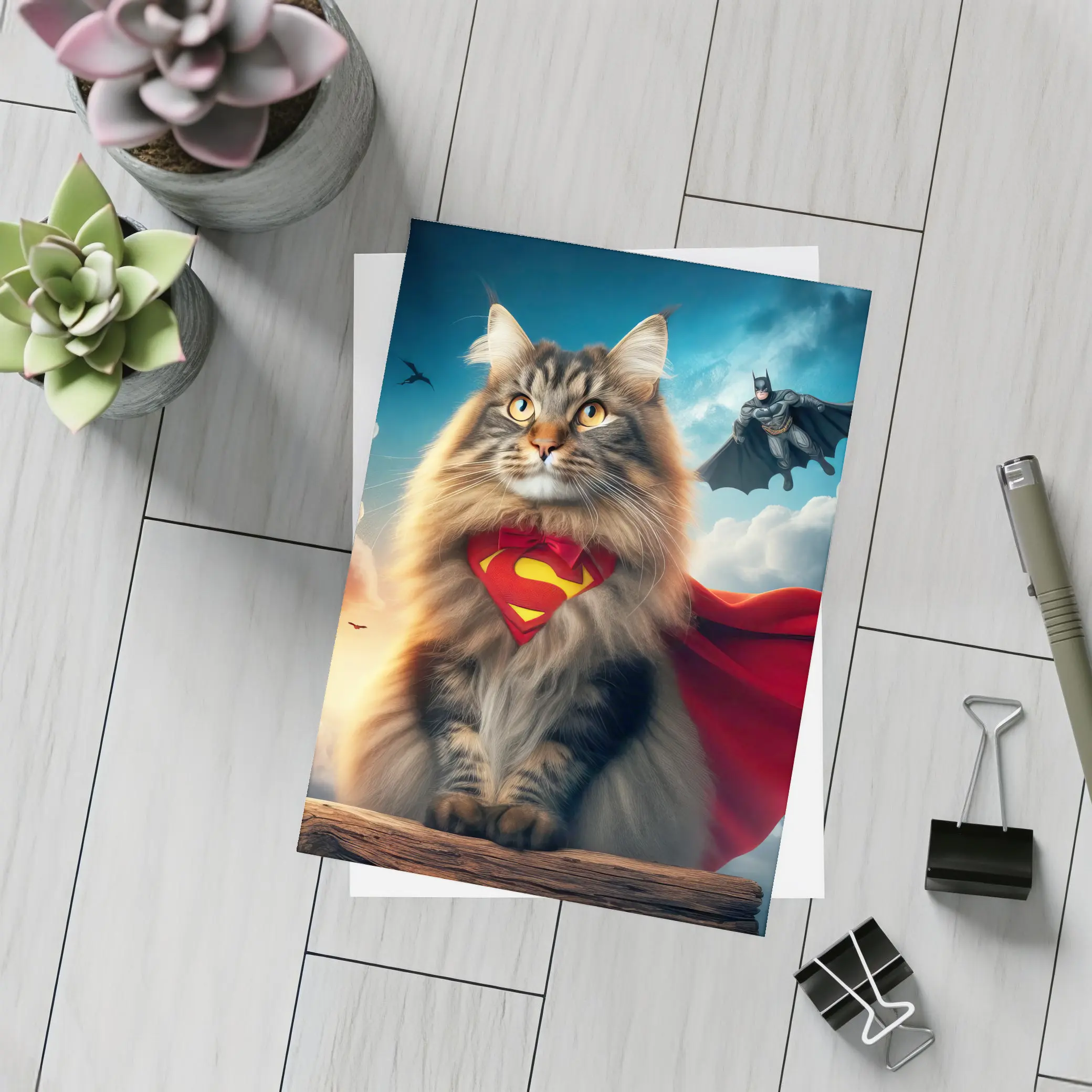 Superhero Cat Superman Cape Sky Background – Postcards