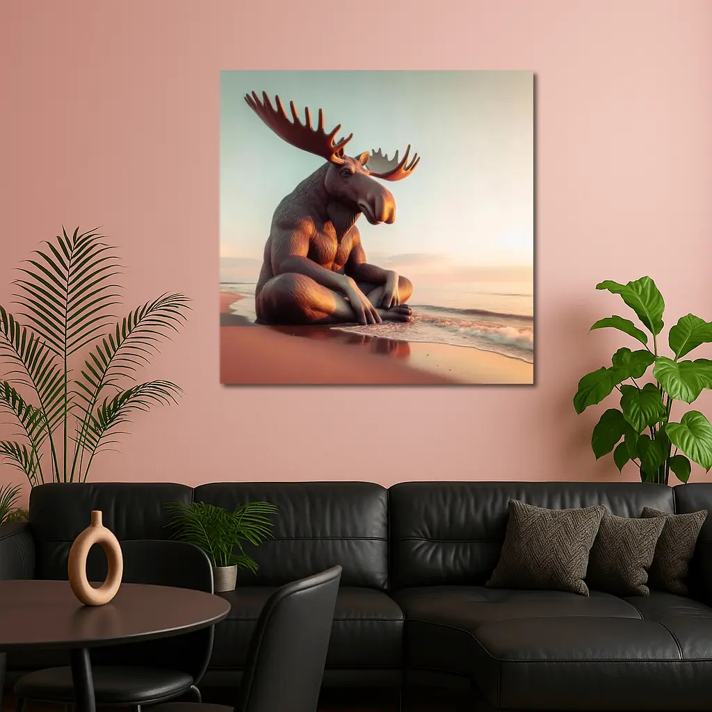Moose Sitting Cross Legged On Beach – Wall Art